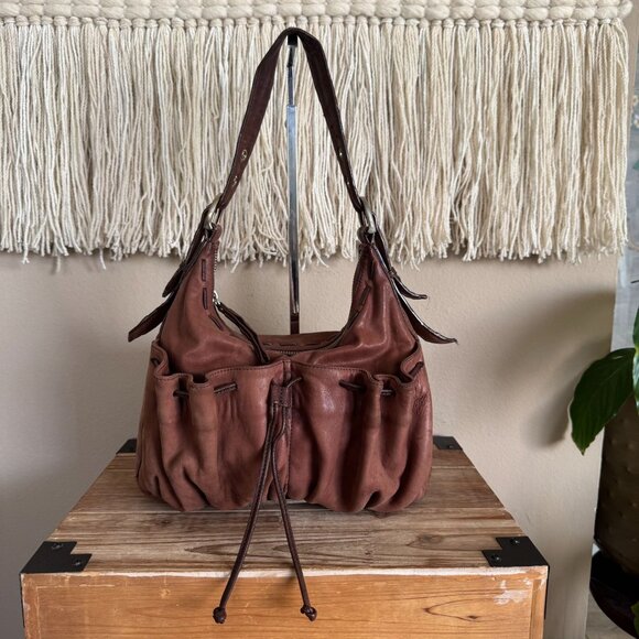 Junior Drake Handbags - Junior Drake Brown Lambskin Leather Gathered Pocket Squishy Hobo Shoulder Bag